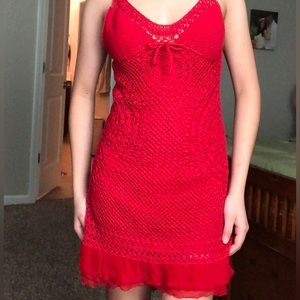 Free People Red Crochet Mini Dress With Ruffle Bottom Size Small